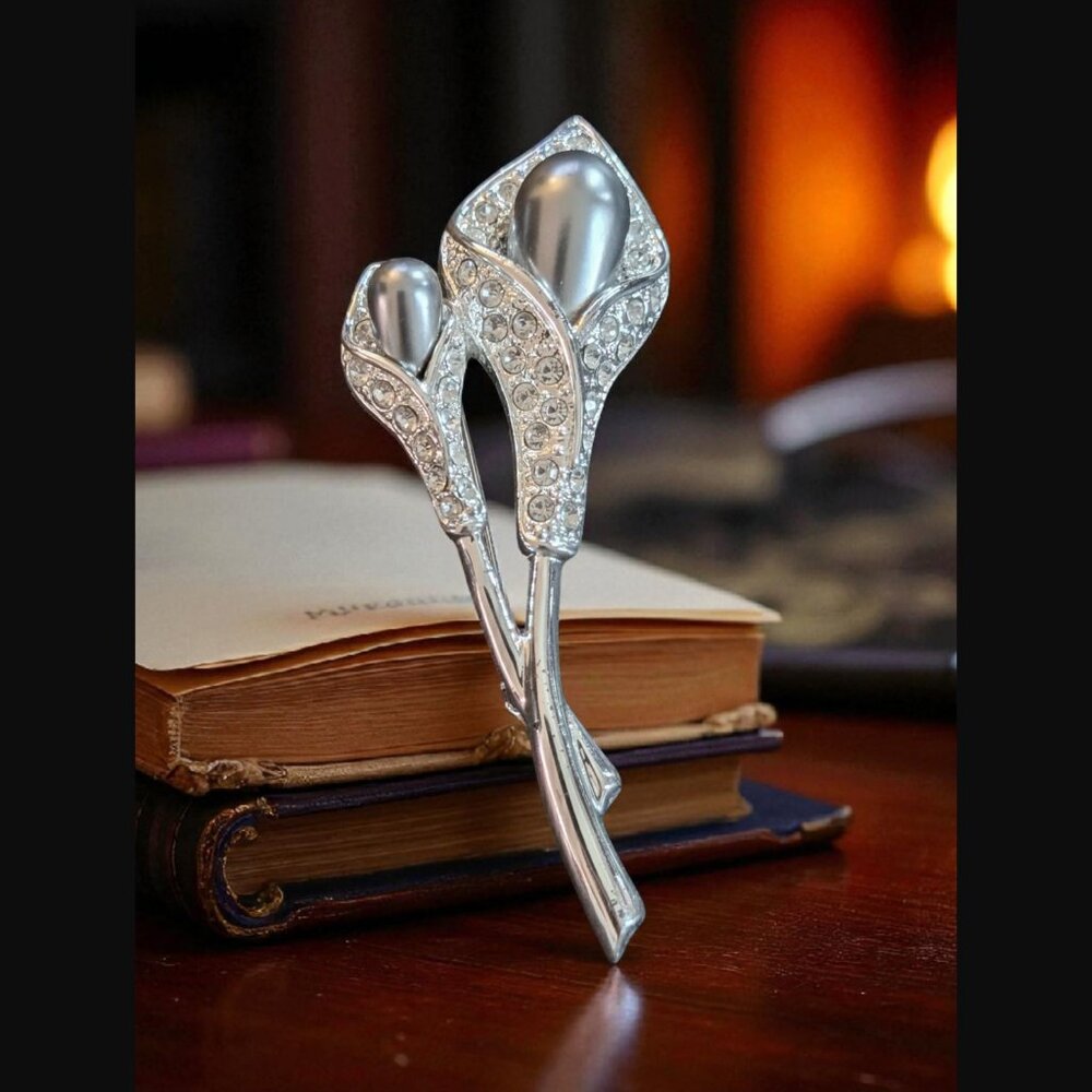 Vintage Pave Crystal Faux Pearl Double Calla Lilly Brooch Pin 3" Long